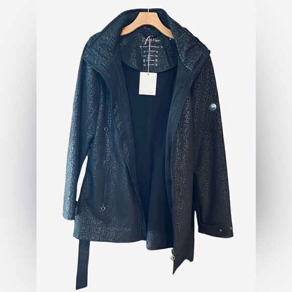 Calvin Klein Sz L NWT Black Metallic Pattern Windbreaker Raincoat Trench Coat - Picture 1 of 7